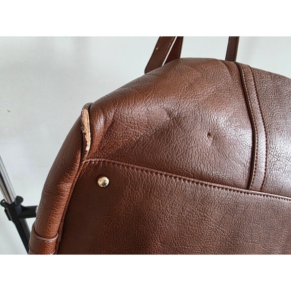 Sole Society Cassi Cognac Brown Vegan Leather Weekender Duffel Bag Leopard Lined - Picture 9 of 13